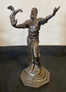 Bronze Figurine of Bearded Man with Bird, Octagonal Base, Classical Robes, 12-16" Est. Height
