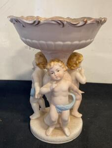 Ardco Fine Quality C 773 Cherub Compote Bowl, 1940s Bisque Porcelain, 9.5" Tall