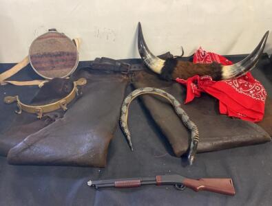 Western Cowboy Costume & Collectible Lot (Chaps, Toy Rifle, Canteen, Horns, Decor)