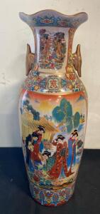 Large Japanese Satsuma-Style Porcelain Floor Vase with Hand-Painted Geisha Scenes and Gold Handles 23&rdquo; Tall