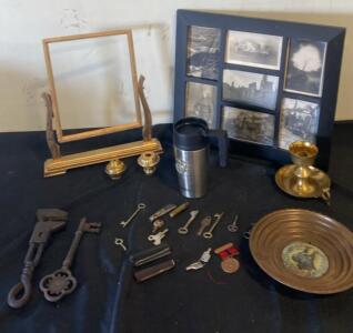 Estate Lot: Vintage Keys, Pipe Wrench, Brass Decor, Framed Photos, Military Medal, SOCO Mug