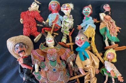 Vintage Marionette Puppet Collection - Clown, Folk, Asian/Thai, 9pcs, Wooden String with Original Costumes