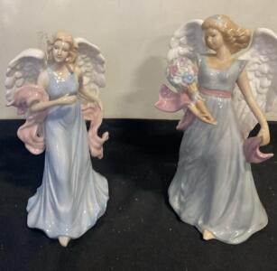 Porcelain Angel Figurines Set of 2, 9.5" Tall, Pastel Blue with Pink Sash and White Wings