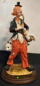 Hand-Painted Clown Figurine on Wood Base, Saxophone Player, 11" Tall, Cartoon Style