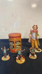 Barnum&rsquo;s Animals Vintage 1950s Tin National Biscuit Company & 4 Circus Clown Figurines Lot