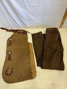 Vintage Western Suede Batwing Chaps with Conchos & G-III Korean Brown Leather Pants, RN 88188