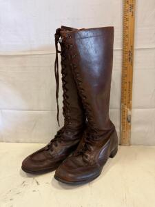 Vintage 1930s-1940s Brown Leather Tall Lace-Up Riding Boots, Square Toe, 15.5" Height