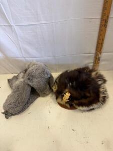 Vintage Fur Hats - Ushanka Style & Russian Fur Hat with Skull Accent, Rabbit/Raccoon Fur, Unisex