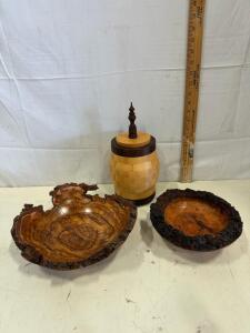 Handcrafted Natural Edge Burl Bowls and Segmented Lidded Jar with Decorative Finial