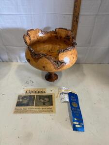 Hand-Turned Pedestal Burl Bowl by John Frawley, Natural Edge, 10.5" Diameter, 1st Place Winner