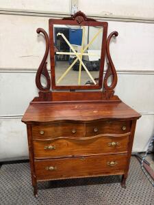 Antique Victorian Oak Vanity Dresser with Mirror, Circa 1890s, 4 Drawers, Carved Details