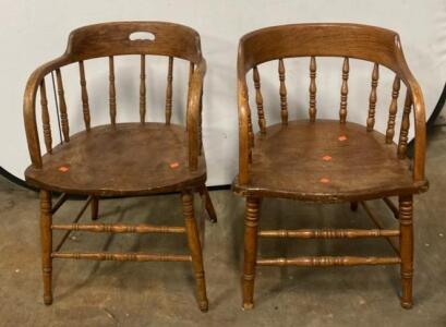 Vintage Wooden Captain&rsquo;s Chairs, Spindle Back, Curved Arms, Set of 2, Medium Brown Finish ( T2 )