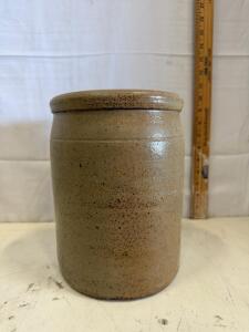 Vintage 1-Quart Stoneware Crock, Brown Interior, Speckled Tan Exterior, 6" x 5"