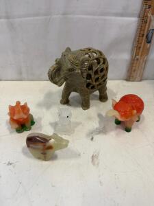 Hand-Carved Stone Animal Figurine Set &ndash; 5 Pieces Including Elephants, Bear, and Rabbit