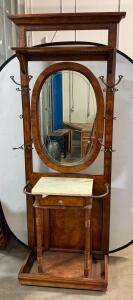 Vintage Wooden Hall Tree with Oval Mirror, Marble Top, Brass Hooks, Drawer & Umbrella Stand