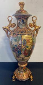 Chinese Satsuma-Style 25" Porcelain Vase with Ornate Figural Handles, Lid, and Gold Gilt