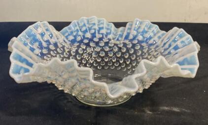 Fenton Blue Opalescent Hobnail Ruffled Glass Bowl, 8" Diameter, Decorative Vintage Pressed Glass