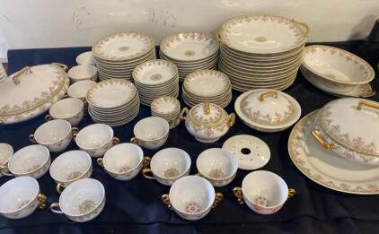 Limoges France Porcelain Dinnerware Set, Pink Floral Garland with Gold Trim, 48 Pieces