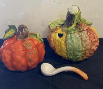 Pair of Ceramic Pumpkin & Gourd Soup Tureens with Lids and Ladle, Hand-Painted Harvest Motif