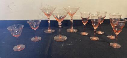 Vintage Pink Depression Glass Stemware Set &ndash; 10 Pieces, 1930s, Cocktail & Wine Glasses