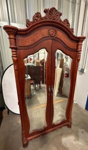 French Victorian Armoire, Mahogany, Mirrored Doors, Ornate Carving, 3 Drawers, Early 20th Century
