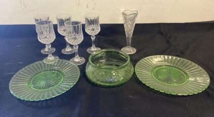 Vintage Crystal Wine Glasses & Green Depression Glass Plates, Bowl & Vase &ndash; 9-Piece Set