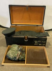 Vintage US Military Footlocker, 3.5 cu ft, Wood, Box No. 27, Removable Tray, Forest Park IL