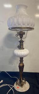 Vintage Milk Glass Parlor Table Lamp, Brass & Marble Base, 33" Tall, Embossed Globe Shade - Works