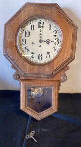 Antique E. Ingraham 12-Inch Drop Octagon Wall Regulator Clock with Quarter-Hour Chime