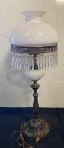 Victorian Revival Parlor Table Lamp, White Glass Shade, Crystal Prisms, 34" Tall - Works