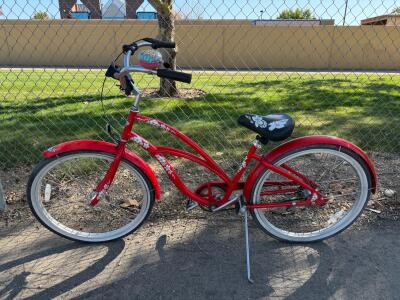 Red Cruiser Bicycle, Step-Through Frame, 26" Wheels, Single-Speed, Fenders, Bell, Phone Mount