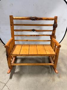 Rustic Solid Wood Double Rocking Chair Bench, Log Cabin Style, 48"x36"x40", Natural Finish