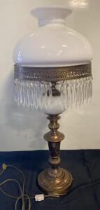 Antique Brass Table Lamp with Crystal Prisms and Milk Glass Shade 30&rdquo; Working