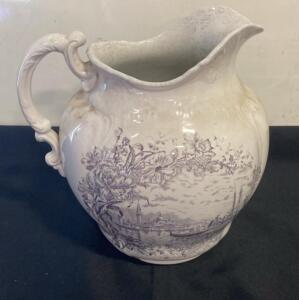 Large Antique "Venetian" English Transferware Water Pitcher, Ornate Handle, c. 1880-1910