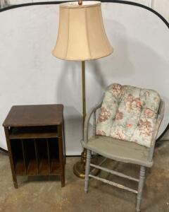 Vintage Brass Floor Lamp, Wooden Magazine Side Table, and Grey Arm Chair with Floral Cushion Set ( T2 )