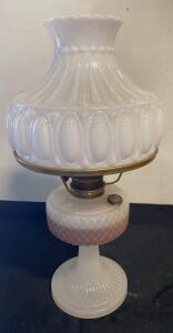 Hobnail Milk Glass Kerosene Lamp, White & Pink Ombre, Ribbed Pedestal, Brass Burner 21&rdquo;