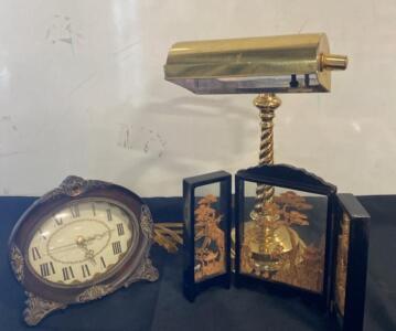 Ornate Mantel Clock, Brass Banker Desk Lamp, Asian 3-Panel Carved Folding Screen D&eacute;cor