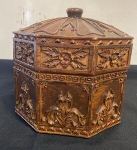 Ornate Octagonal Bronze Resin Jewelry Box with Floral Relief Design and Lid, 7" Vintage Style