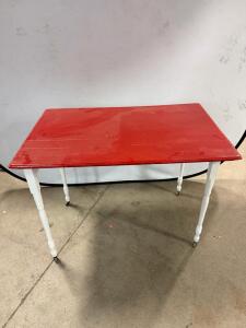 Red and White Turned Leg Wooden Accent Side Table with Casters &ndash; 1930s-50s, Approx. 30"x20"x28"