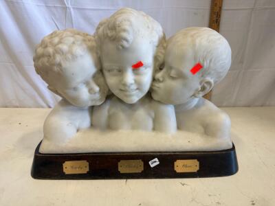 Marble Bust Sculpture of Three Children on Wood Base, Approx. 20" Wide, &ldquo;Crosby Charley Oliver&rdquo;