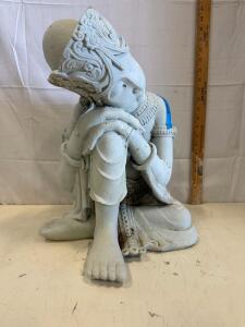 Kneeling Resting Figure Sculpture, Approx. 16" Tall, Pale Blue/Gray Distressed Finish