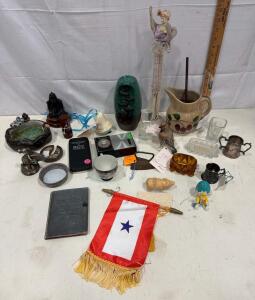 Vintage Decor Lot &ndash; Boy London Tin, Telefunken Radio, WWII Service Banner, Iliad, Ceramics, Glass