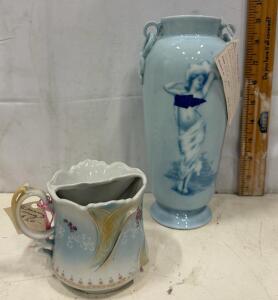 Royal Copenhagen Art Nouveau Porcelain Vase 9.5" Blue Nude Motif & Shaving Mug Set Denmark