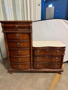 Antique Marble Top Dresser, 8 Drawers, Lion Head Pulls, Ornate Wood, 54" Wide