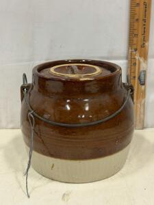 Vintage Two-Tone Stoneware Crock with Lid and Wire Bail Handle, 7.5" x 6.5"