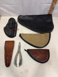 Lot of Handgun Soft Cases, IWB Kydex Holster, and Vintage Overland Fisherman's Friend Multi-Tool