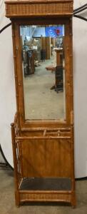 Vintage Bamboo Rattan Hall Tree with Mirror, Hooks, and Umbrella Stand, 80&rdquo;x24&rdquo;x12&rdquo; ( T2 )