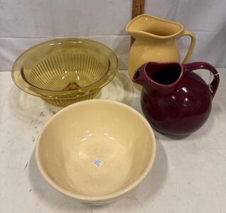 Vintage Mixing Bowls & Pitchers Lot: Depression Glass, Bird Floral Ceramic, Mid-Century Ball Jug