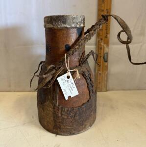 African Tribal Handcrafted Drum, Wood & Leather, 9"x6", Burned Dot Design, Braided Strap
