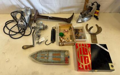 Assorted Vintage Tools Lot: Deluxe All Saw, Meat Grinder, Rail Anvil, Iron, Cribbage Board